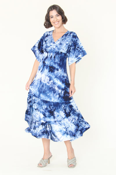 Ruffled Tie Dye Maxi Dress in Indigo or Pink. Style FS231772