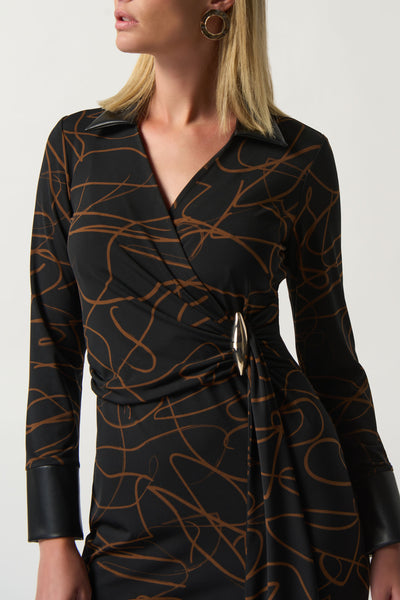 Abstract Print Wrap with Vegan Leather Dress. Style JR233223