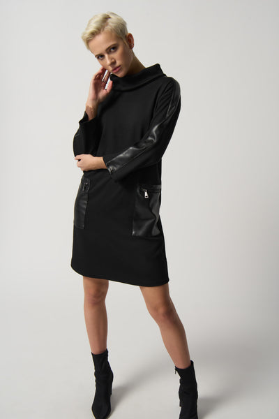 Funnel Neck Vegan Leather Pocket Dress. Style JR233262