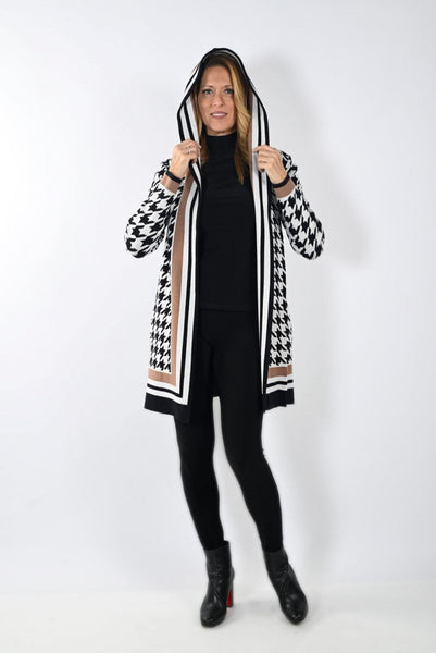 Houndstooth Mid Weight Hooded Cardigan. Style FL233881U