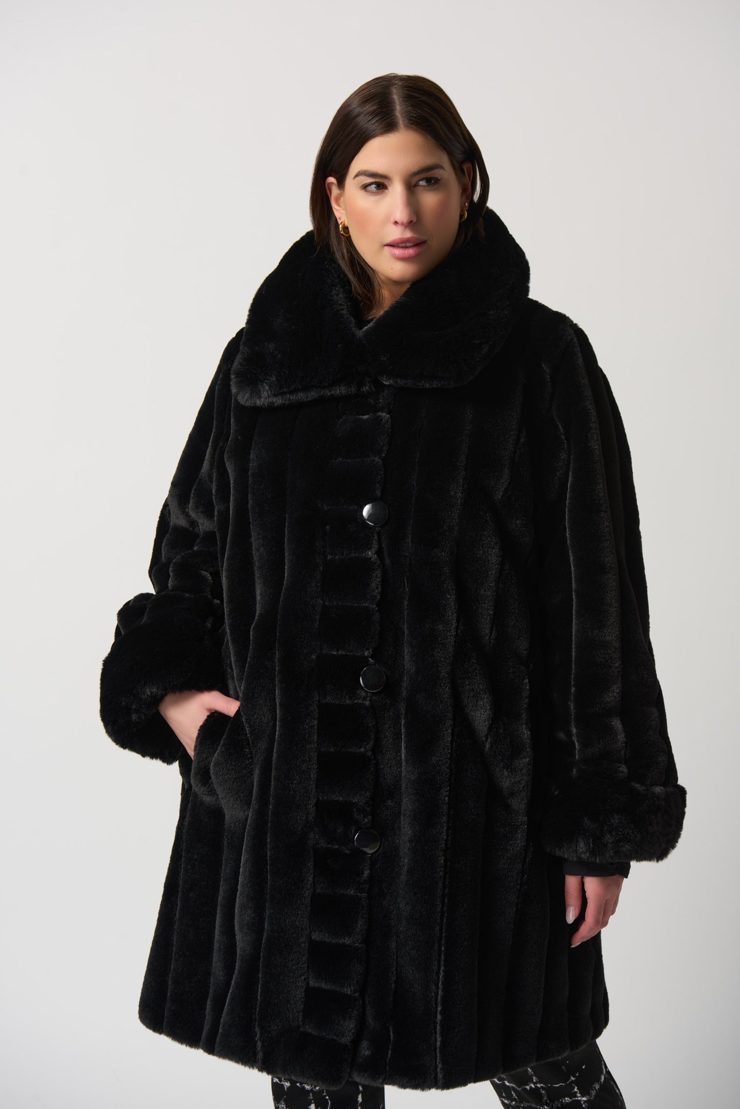 Faux Fur to Shiny Reversible Outerwear in Silver or Black. Style JR233900