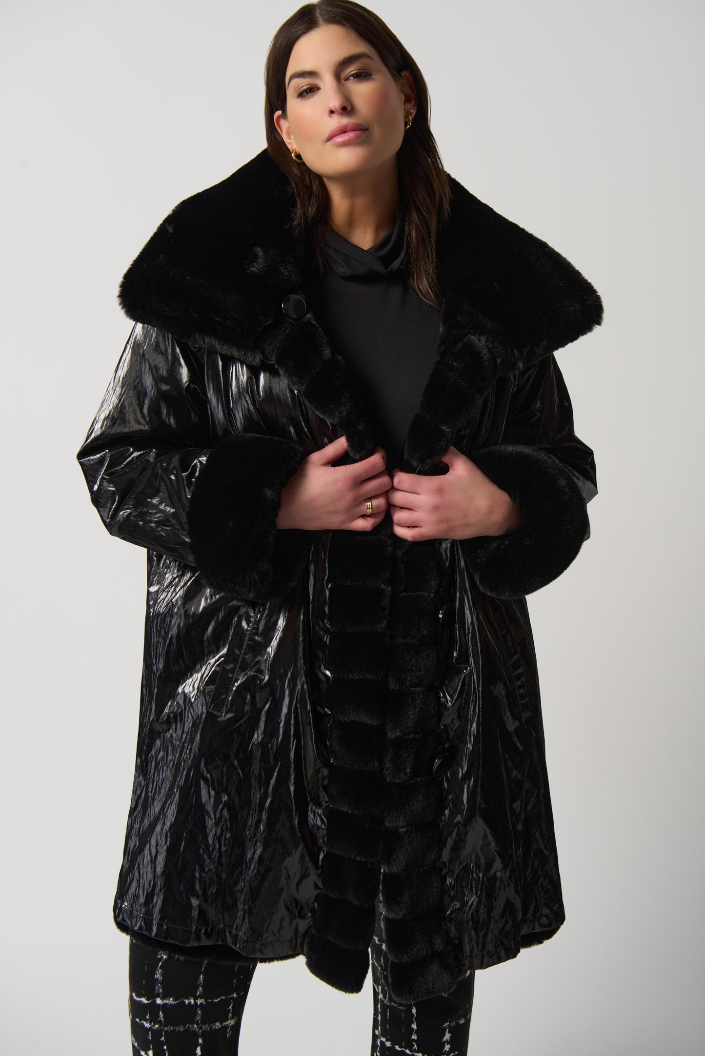 Faux Fur to Shiny Reversible Outerwear in Silver or Black. Style JR233900