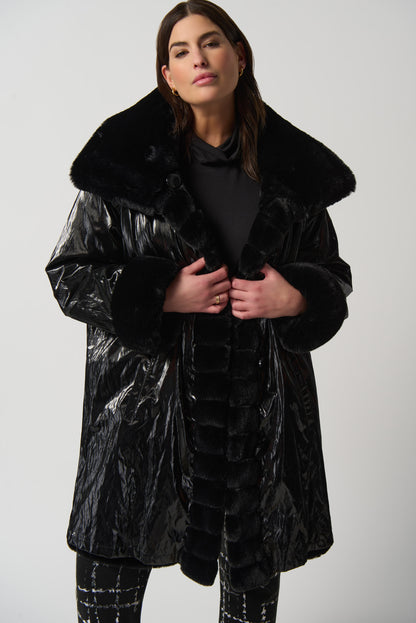 Faux Fur to Shiny Reversible Outerwear in Silver or Black. Style JR233900