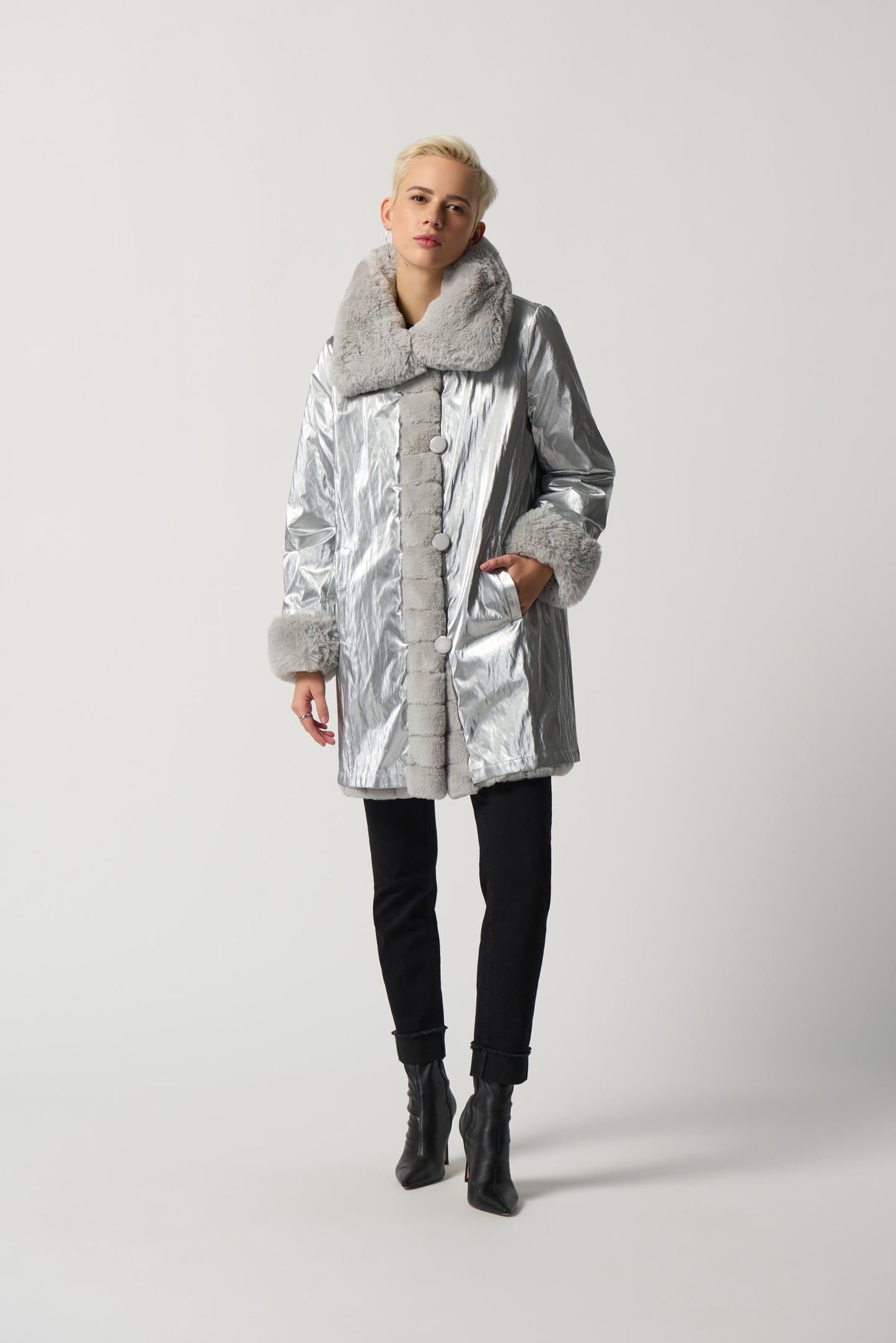 Faux Fur to Shiny Reversible Outerwear in Silver or Black. Style JR233900
