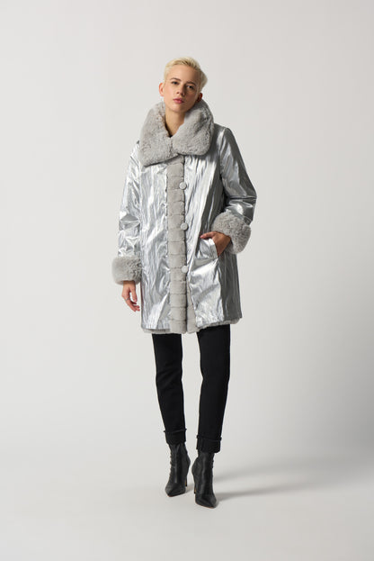Faux Fur to Shiny Reversible Outerwear in Silver or Black. Style JR233900