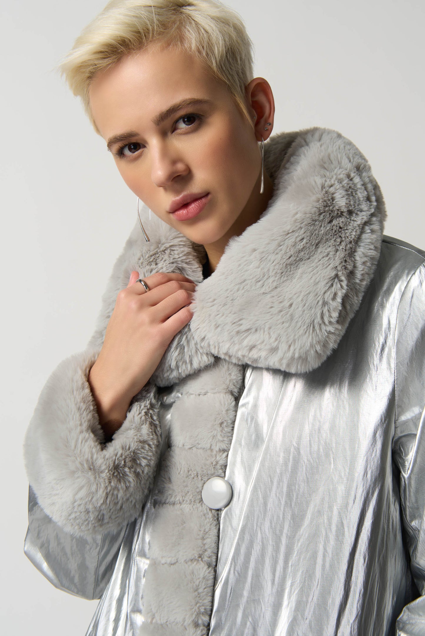 Faux Fur to Shiny Reversible Outerwear in Silver or Black. Style JR233900
