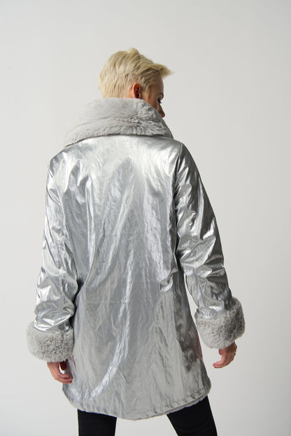 Faux Fur to Shiny Reversible Outerwear in Silver or Black. Style JR233900