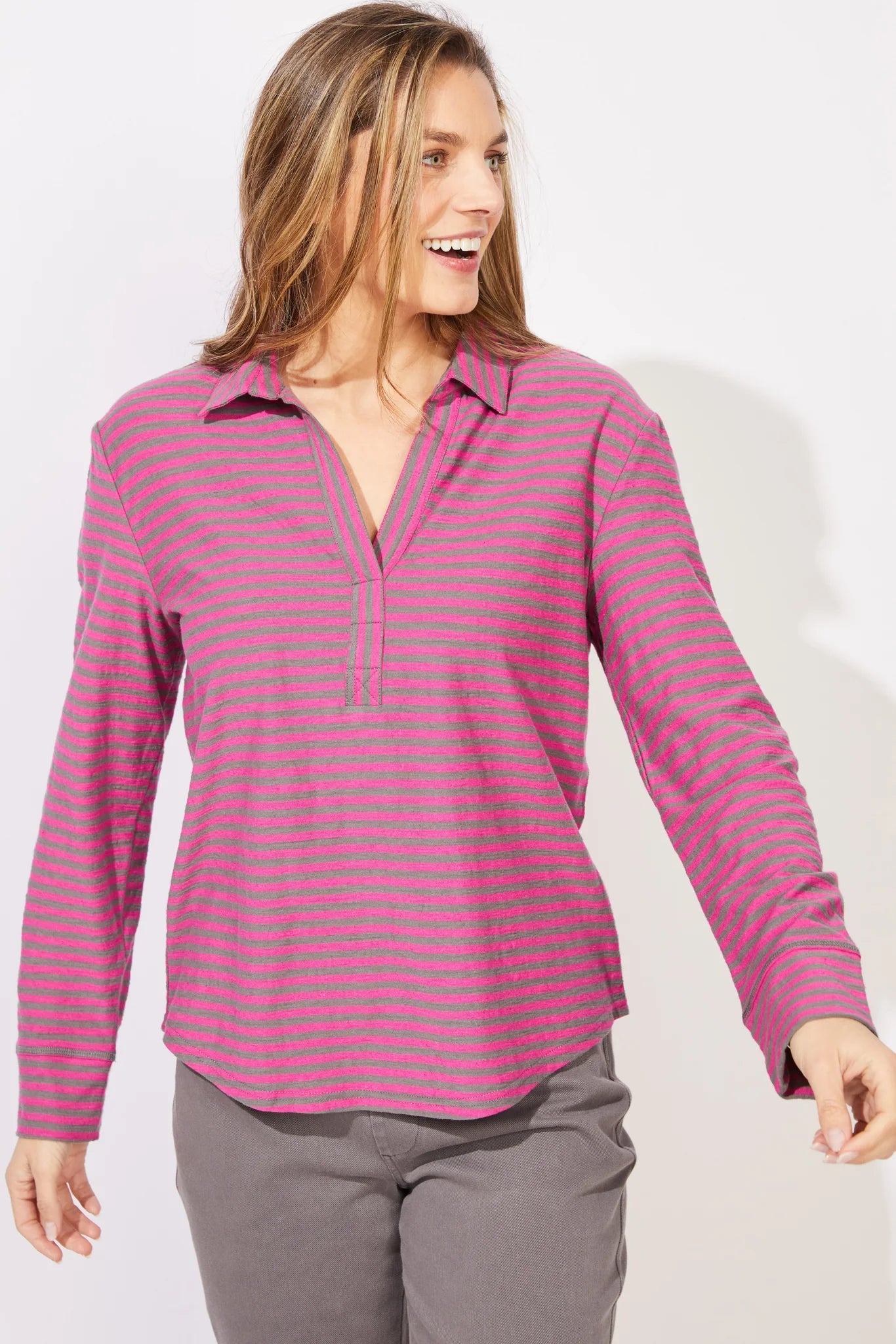 Primo Collared Long Sleeve Striped Top. Style ESC23544