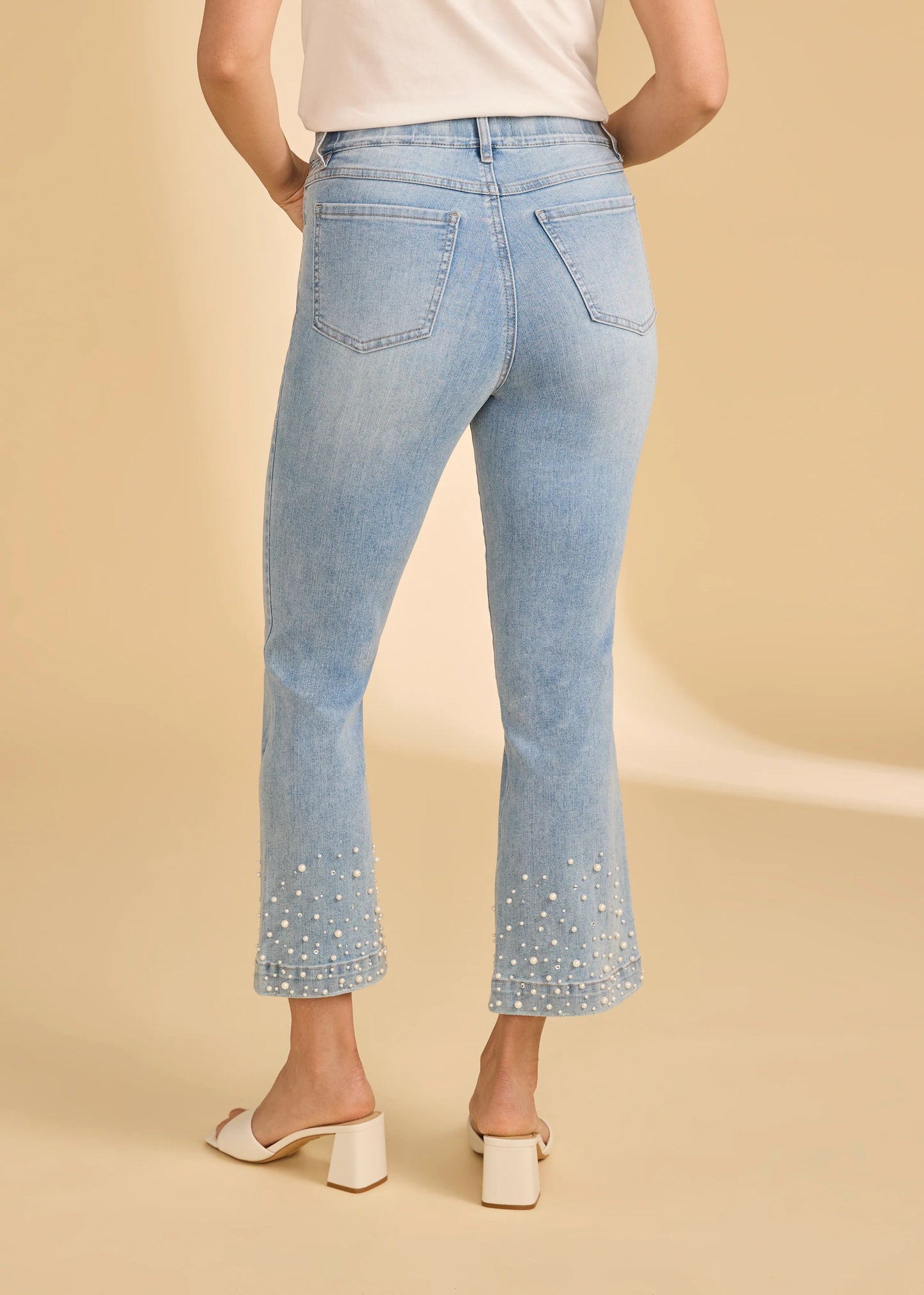 Boot Cut Pearls & Rhinestones Embellishment Cropped Jeans. Style FD2359669