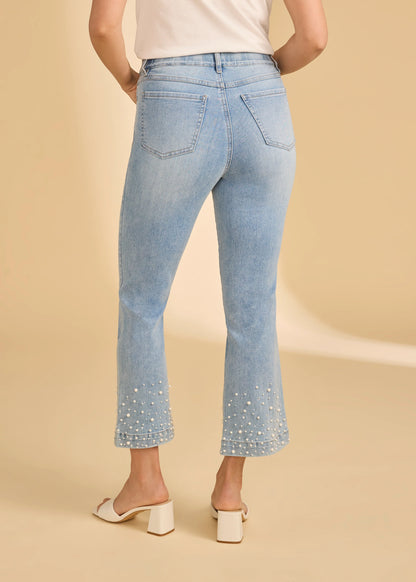 Boot Cut Pearls & Rhinestones Embellishment Cropped Jeans. Style FD2359669