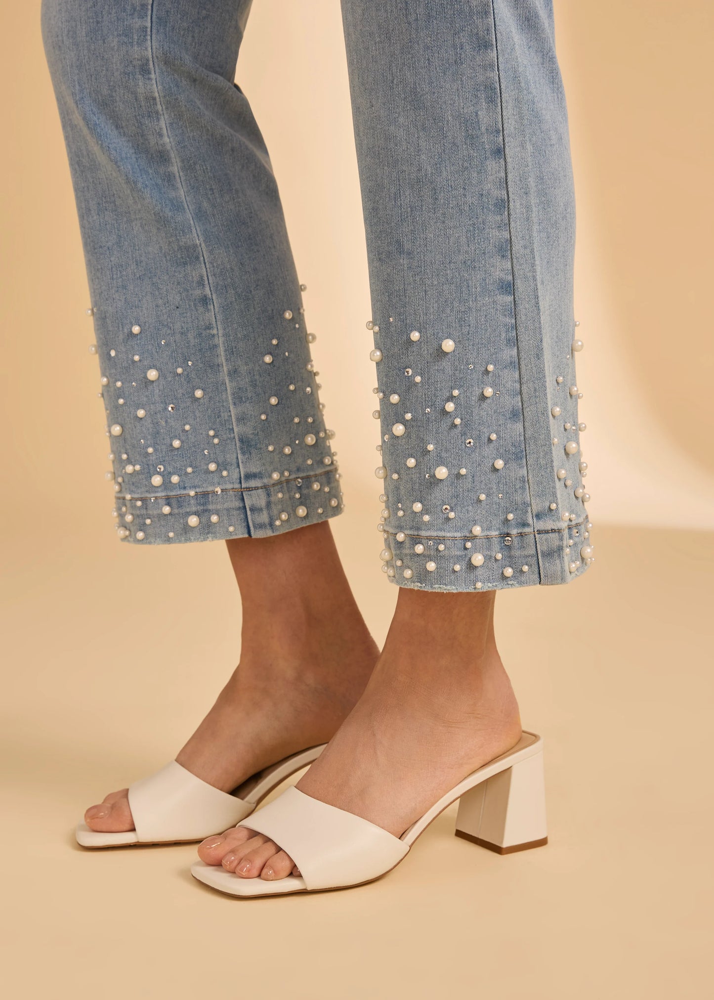 Boot Cut Pearls & Rhinestones Embellishment Cropped Jeans. Style FD2359669