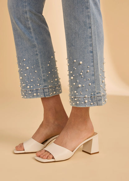 Boot Cut Pearls & Rhinestones Embellishment Cropped Jeans. Style FD2359669