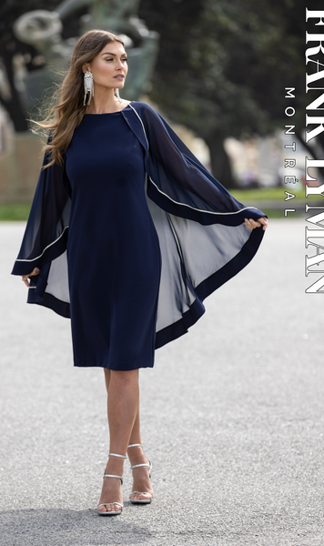 Sheer Back Cape Rhinestone Trim Dress. Style FL239150