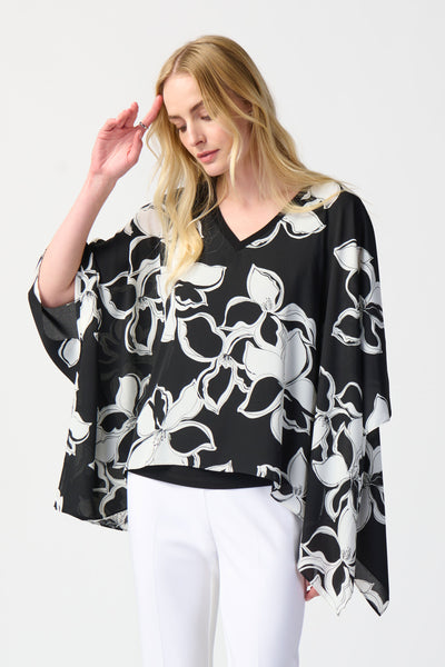 Layered Floral Print Silky Knit Poncho. Style JR241170