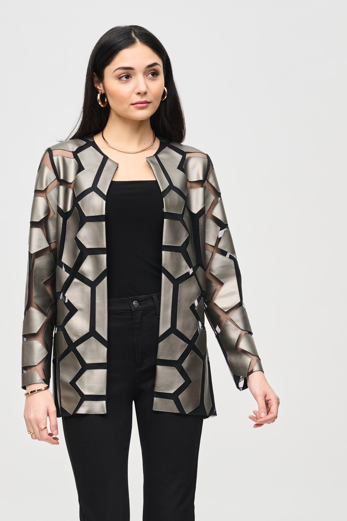 Geometric Shape Metallic & Mesh Jacket. Style JR241905F24