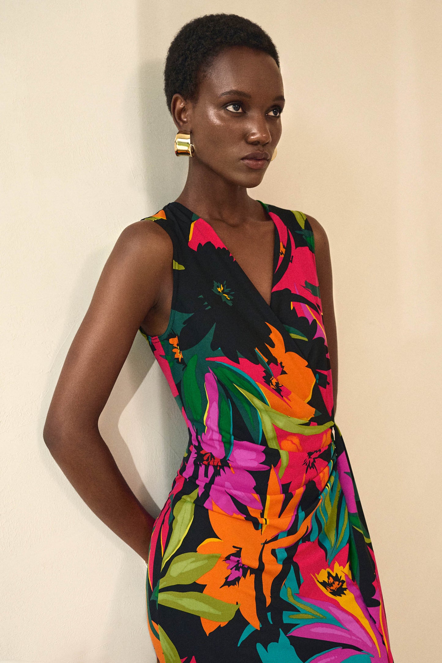 Silky Knit Tropical Print Wrap Dress. Style JR242012