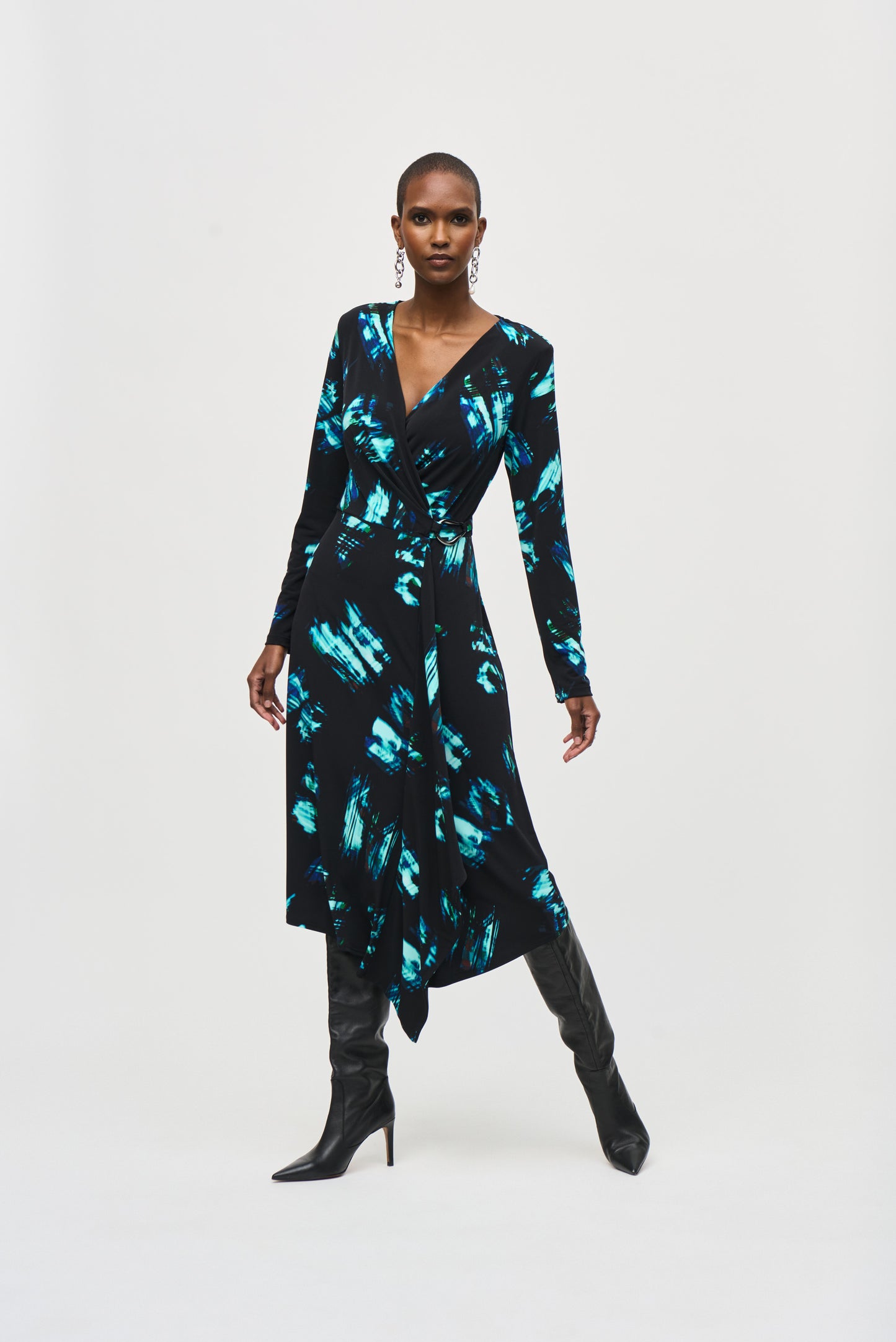 Silky Knit and Abstract Print Wrap Dress. Style JR243147