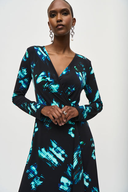 Silky Knit and Abstract Print Wrap Dress. Style JR243147