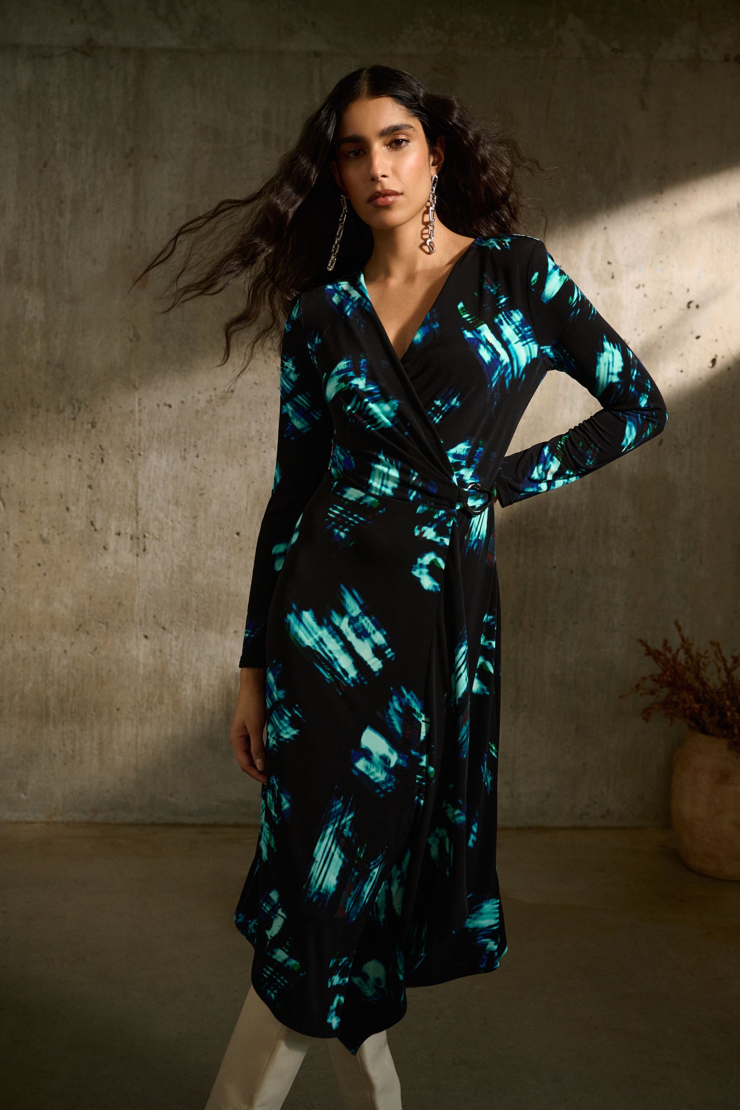 Silky Knit and Abstract Print Wrap Dress. Style JR243147