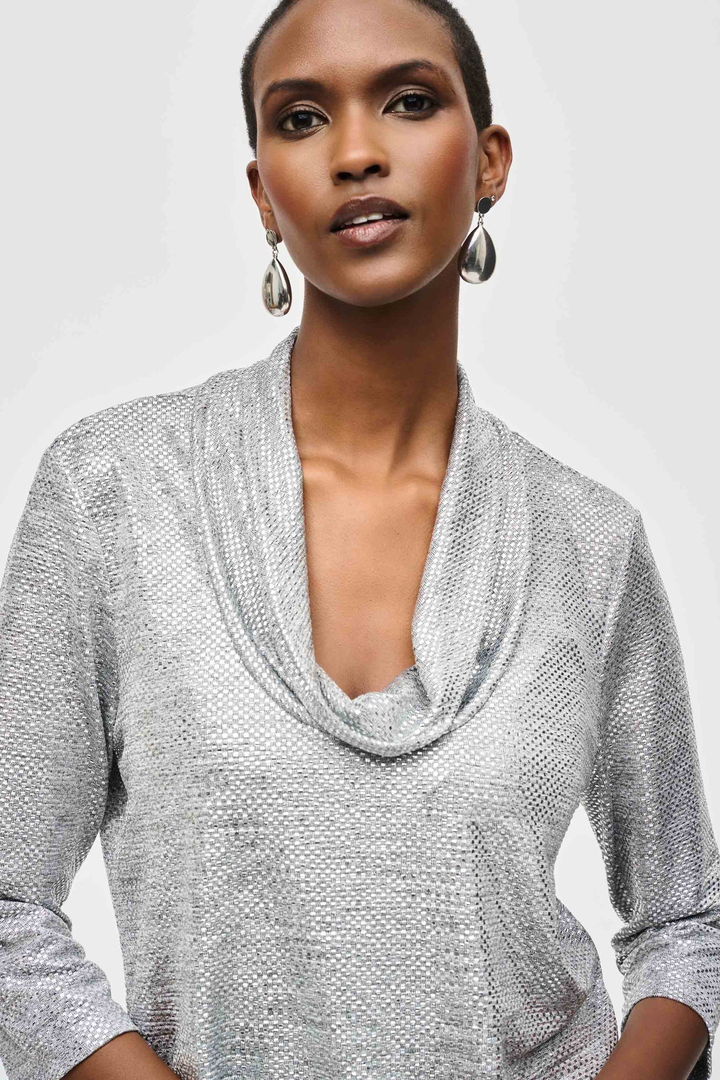 Foiled Knit Cowl Collar Top. Style JR243167