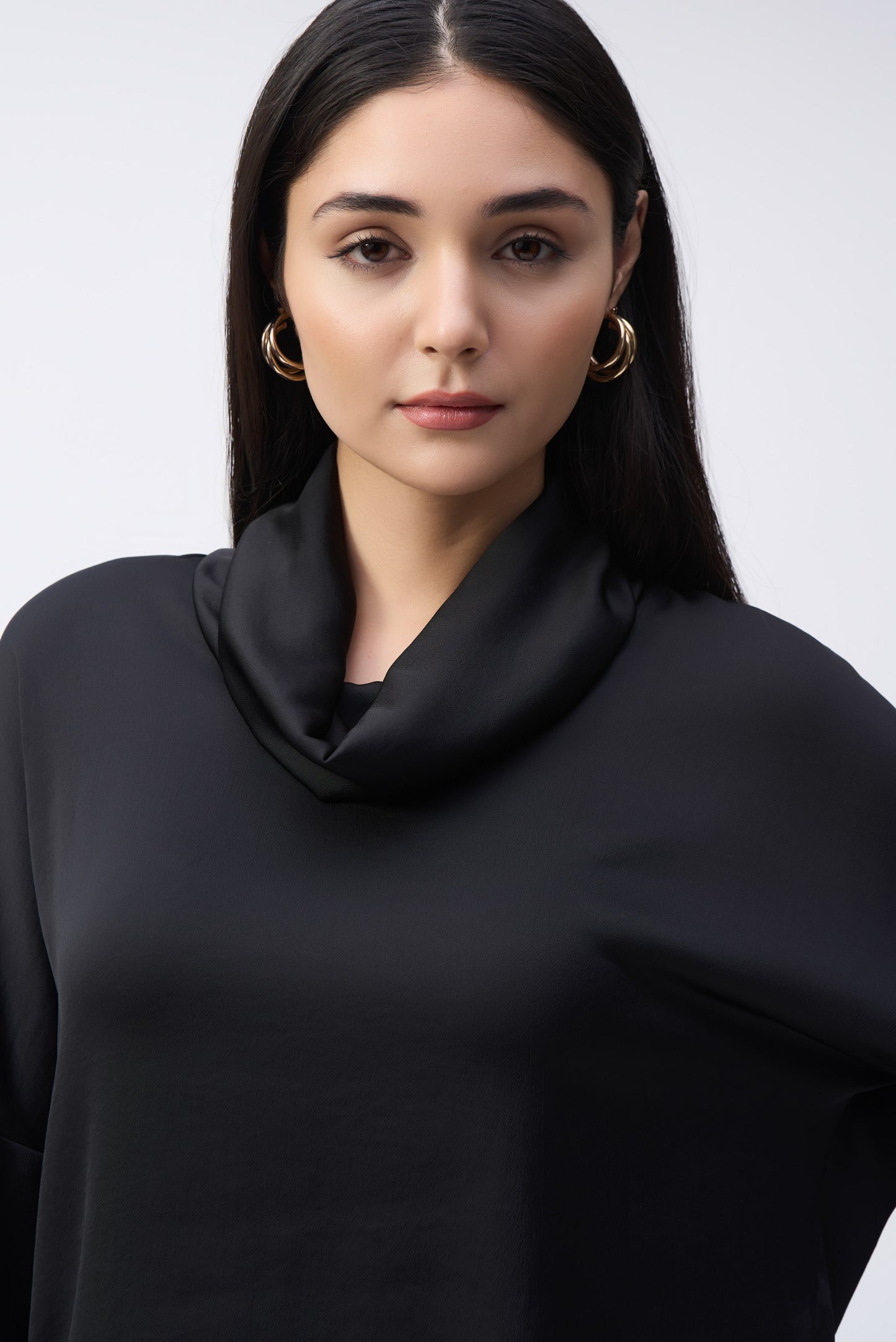 Cowl Neck Faux Back Buttons Satin Top. Style JR243189