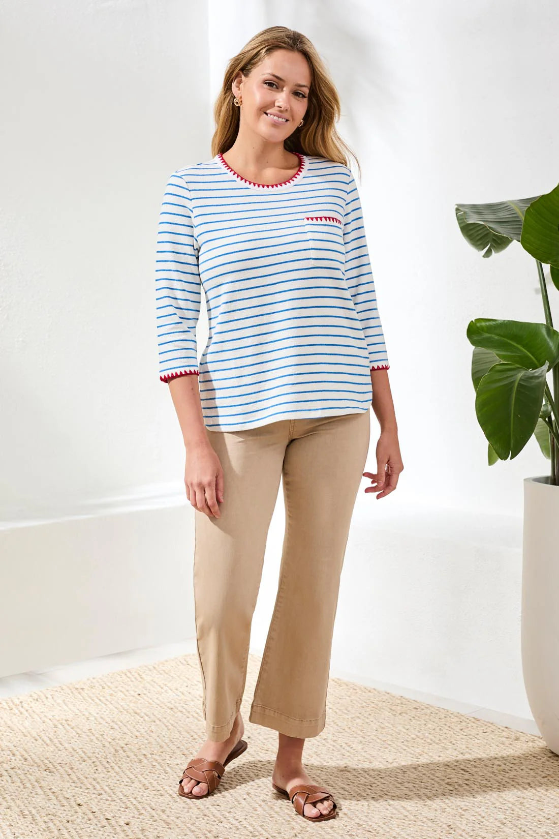 Striped Patch Pocket Stitch Details Top. Style TR2433O-8420