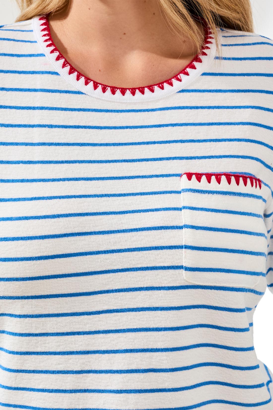 Striped Patch Pocket Stitch Details Top. Style TR2433O-8420
