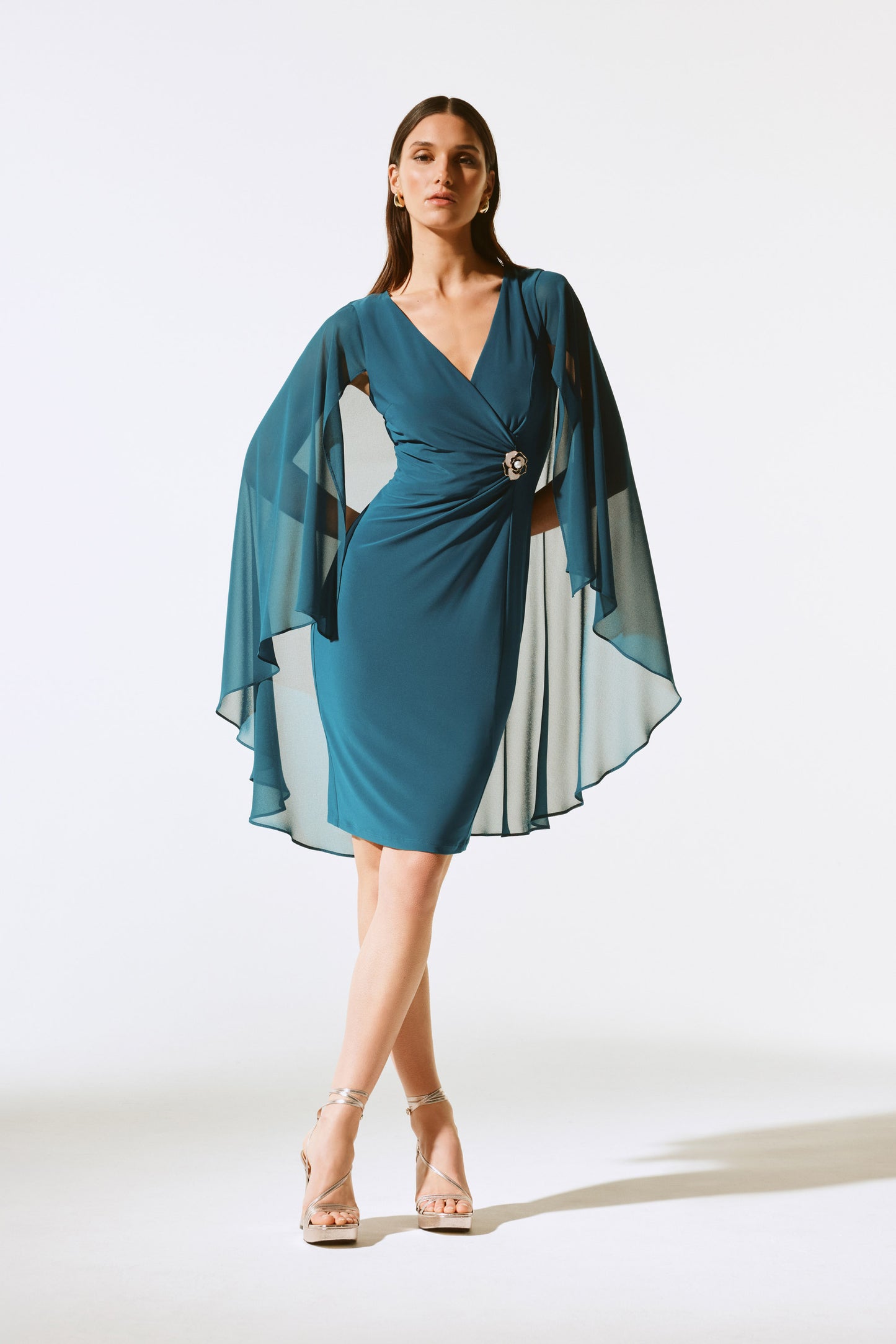 Silky Knit Sheath Dress with Chiffon Cape. Style JR243701