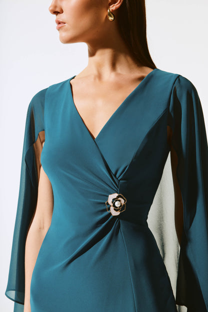 Silky Knit Sheath Dress with Chiffon Cape. Style JR243701