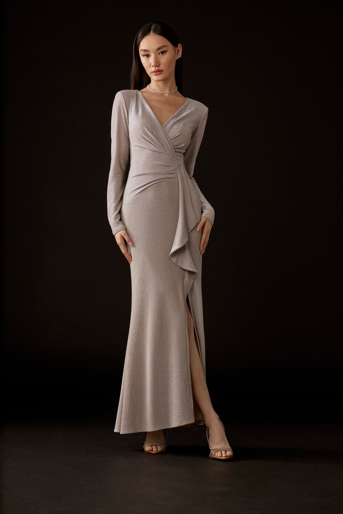 Sparkle Knit Long Sleeve Wrap Gown. Style JR243793