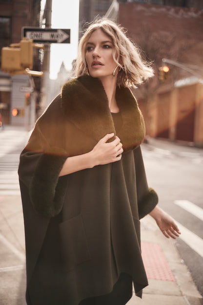 Brushed Jacquard and Faux Fur Cape. Style JR243930