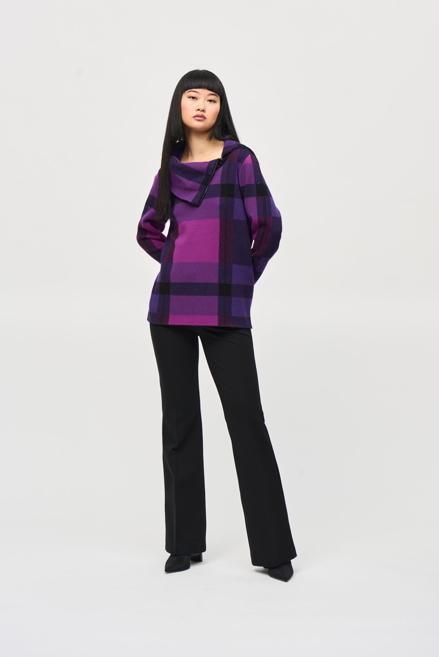 Plaid Jacquard Cowl Neck Sweater. Style JR243943