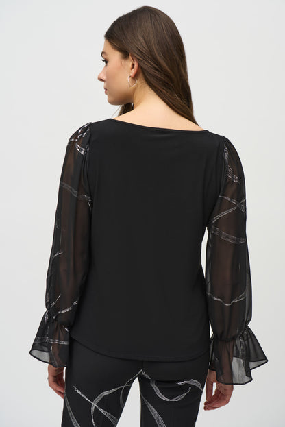 Silky Knit Top with Foiled Chiffon Sleeves. Style JR244090