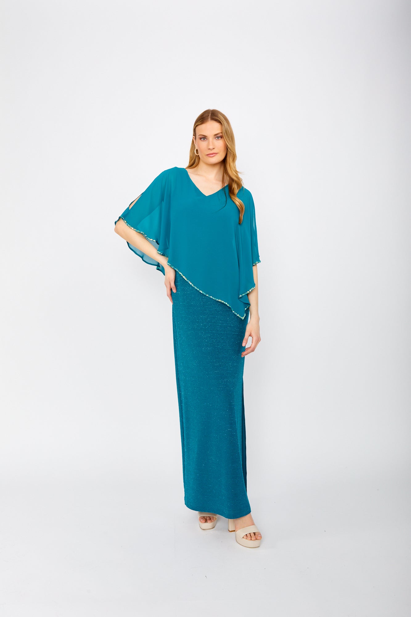 Chiffon Cape & Sparkle Stripe Gown. Style FL249301