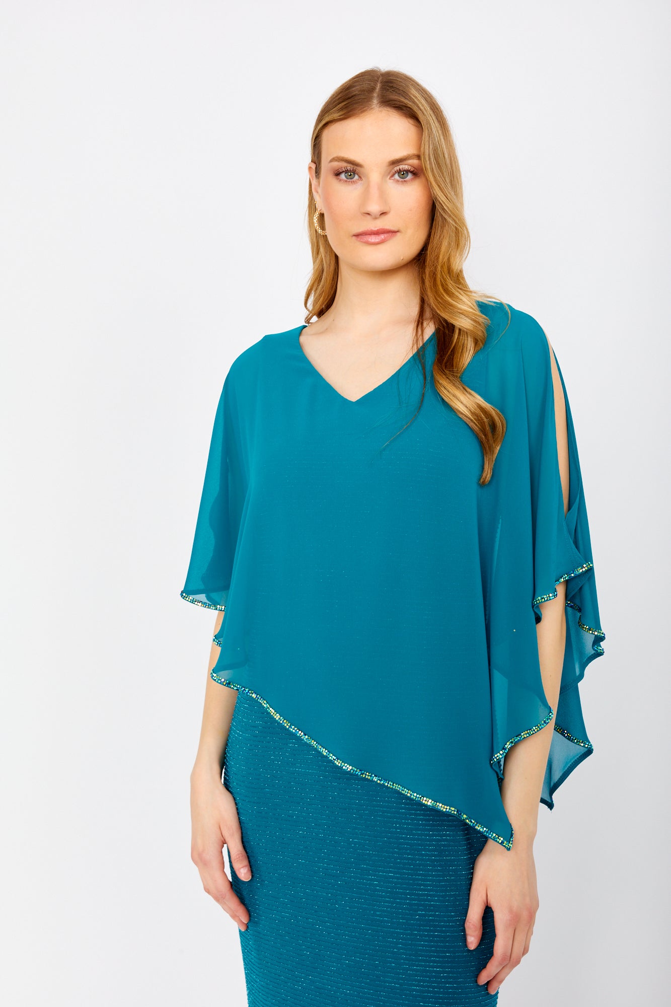 Chiffon Cape & Sparkle Stripe Gown. Style FL249301