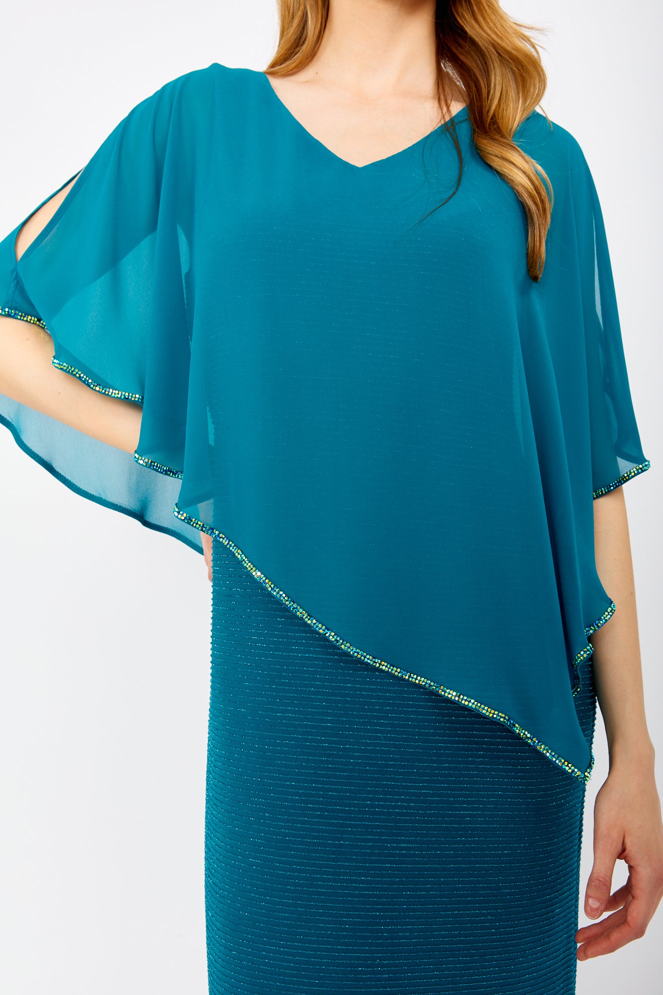 Chiffon Cape & Sparkle Stripe Gown. Style FL249301