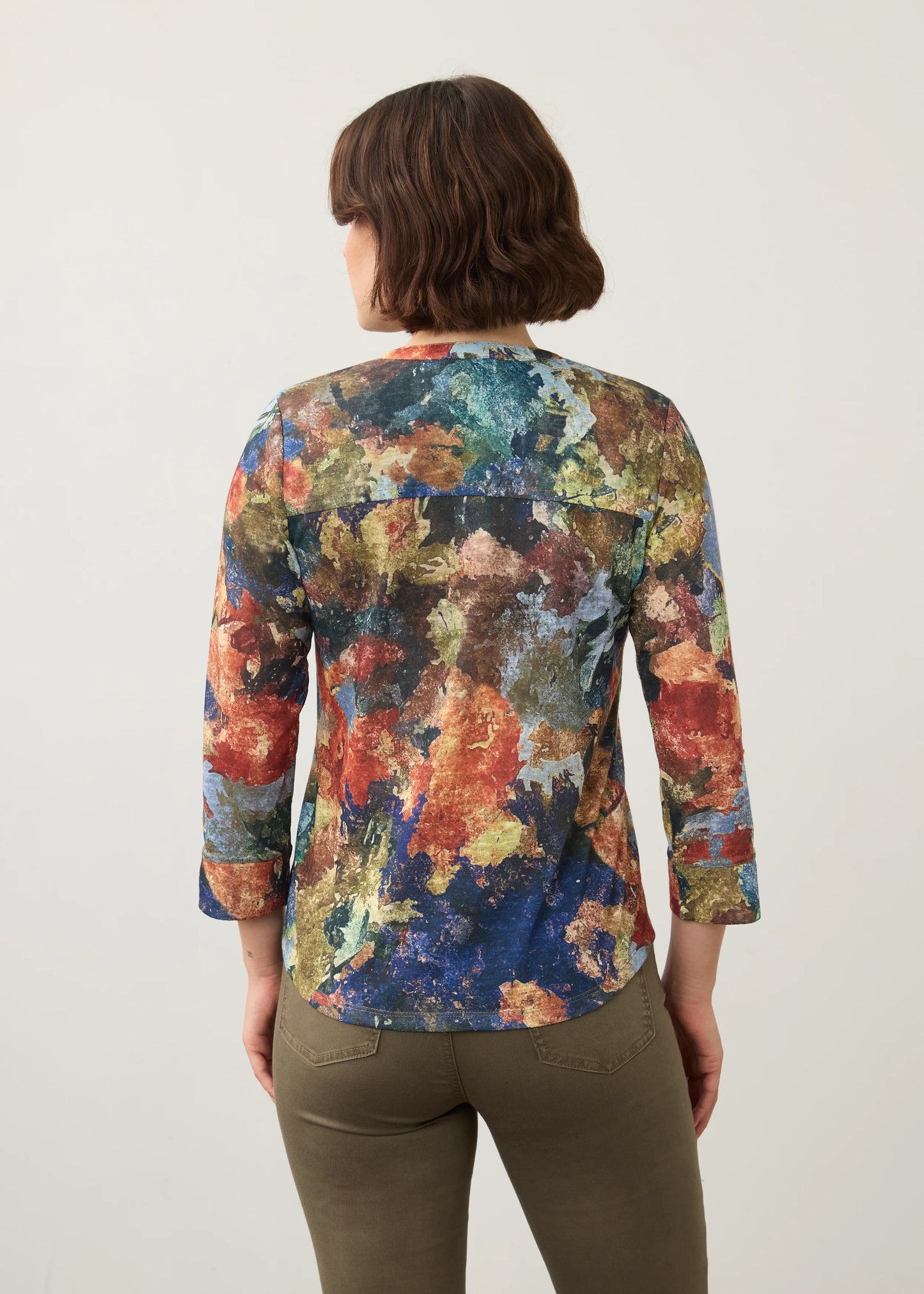 Henley 3/4 Sleeve Abstract Print Top. Style FD3571451