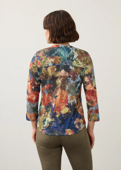 Henley 3/4 Sleeve Abstract Print Top. Style FD3571451