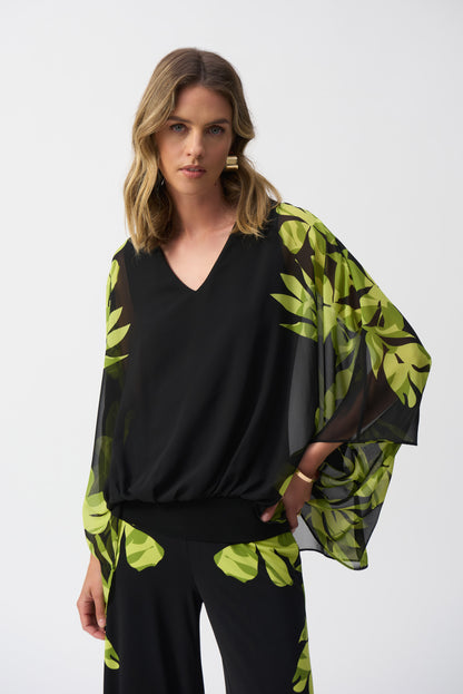 Chiffon and Silky Knit Floral Poncho Top. Style JR251147