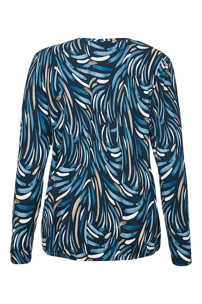 Round Neck Long Sleeve Blue Print Top. Style SUN6925