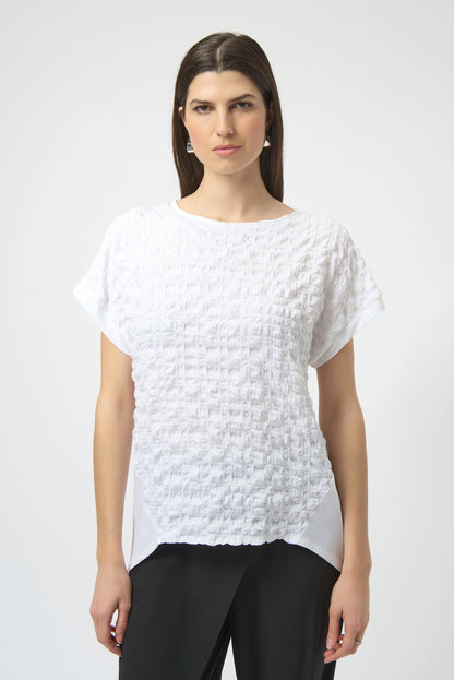 Bubble Jacquard & Silky Knit High Low Top. Style JR252213