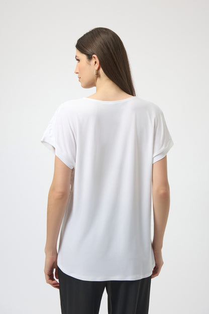 Bubble Jacquard & Silky Knit High Low Top. Style JR252213