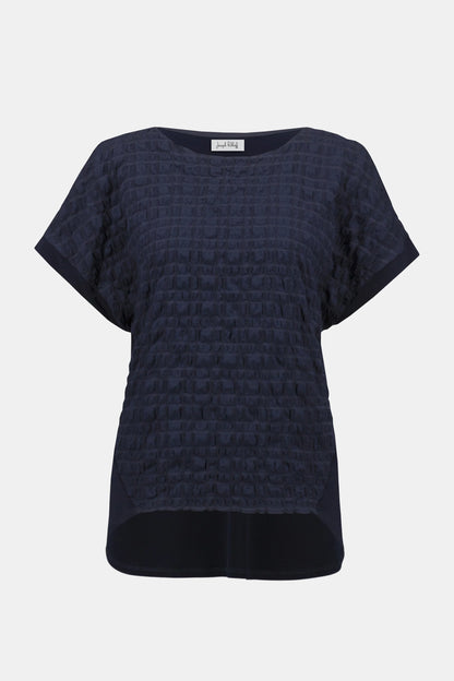 Bubble Jacquard & Silky Knit High Low Top. Style JR252213