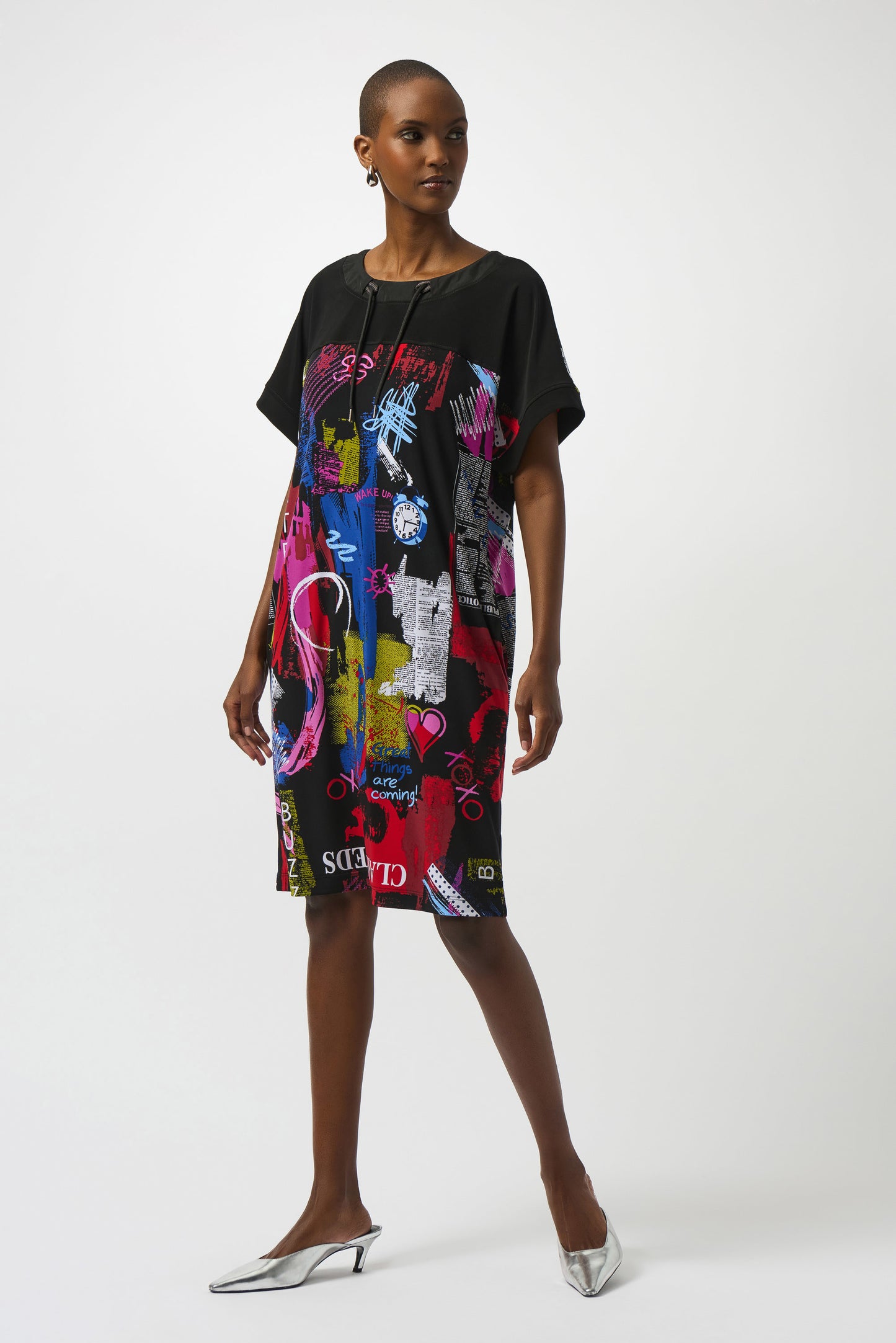 Silky Knit Wording Print Straight Dress. Style JR253032