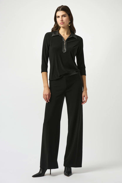 Silky Knit & Leatherette Wide-Leg Pants. Style JR253114