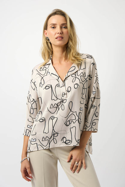 Hammered Satin Abstract Face Print Boxy Top. Style JR253230