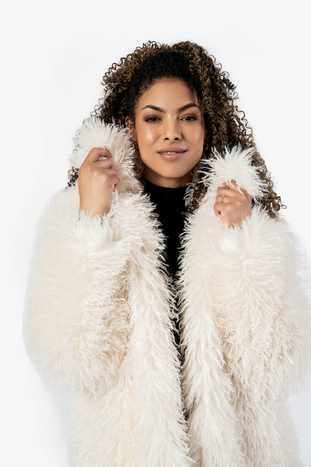 Winter White Shaggy Collared Coat. Style FS253642