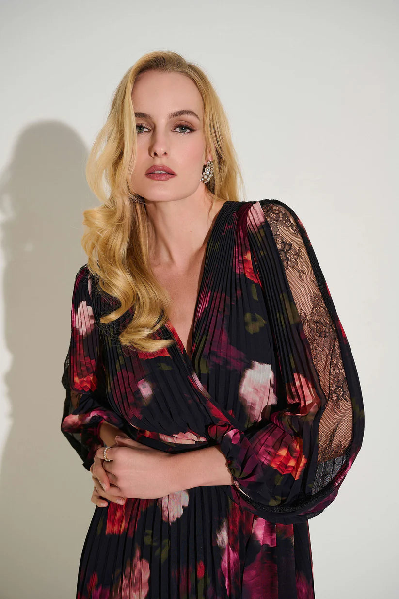 Pleated Chiffon Floral Fit & Flare Dress. Style JR253774