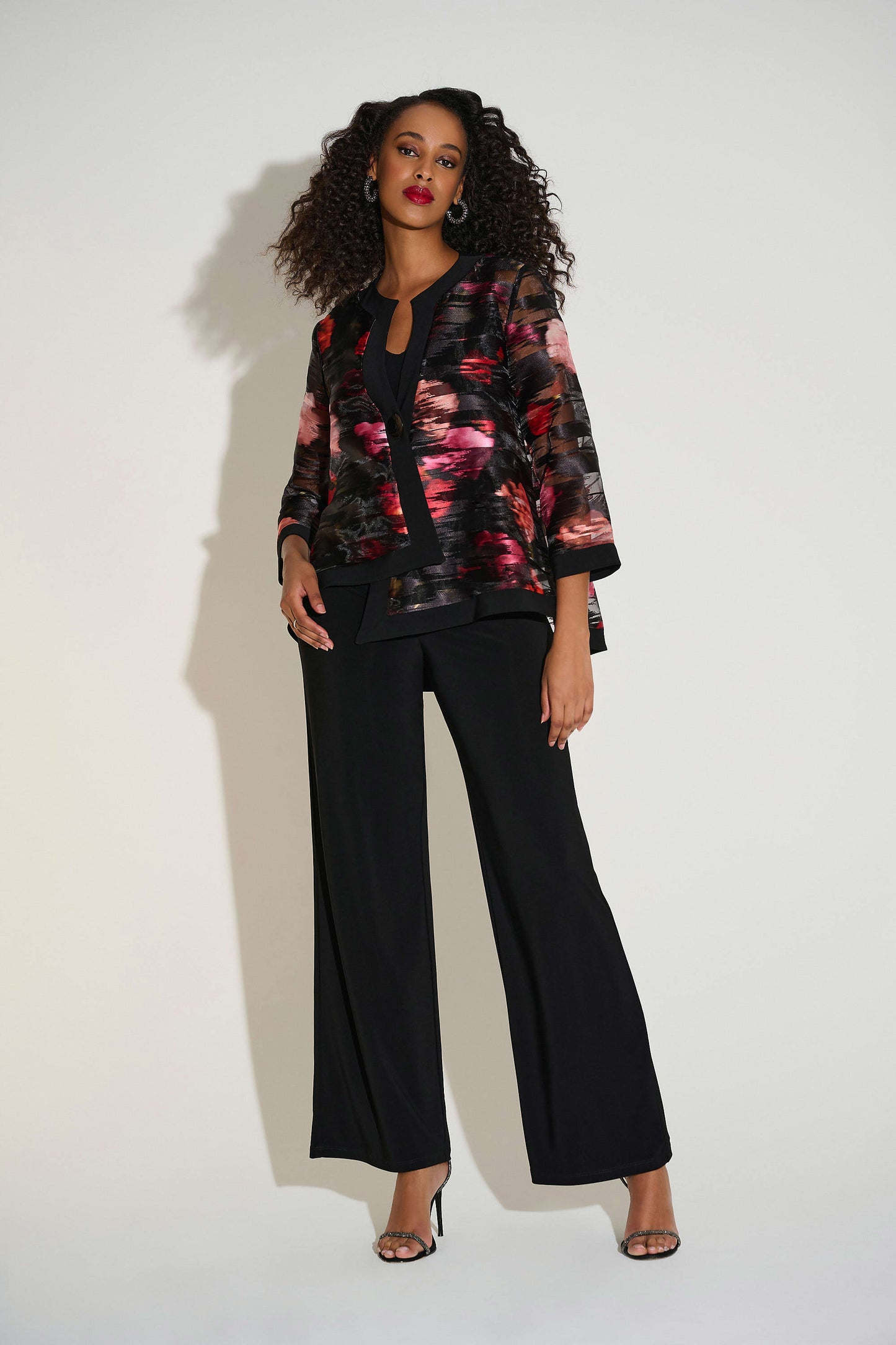 Organza & Silky Knit Floral Swing Jacket. Style JR253792