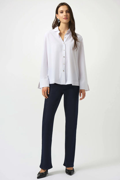 Stretch Poplin Button-Front Boxy Blouse. Style JR253923